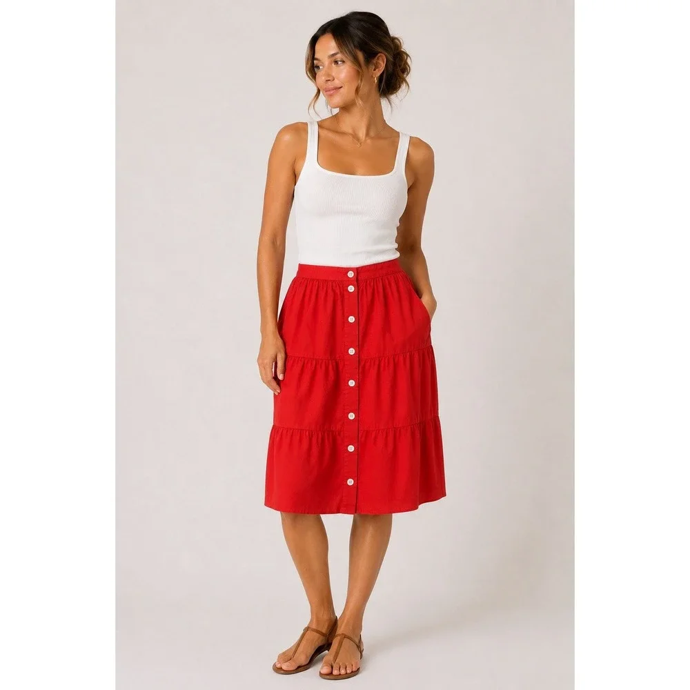 Madewell Red Cotton Tiered Button Front Midi Skirt XXS Cottagecore Summer Boho